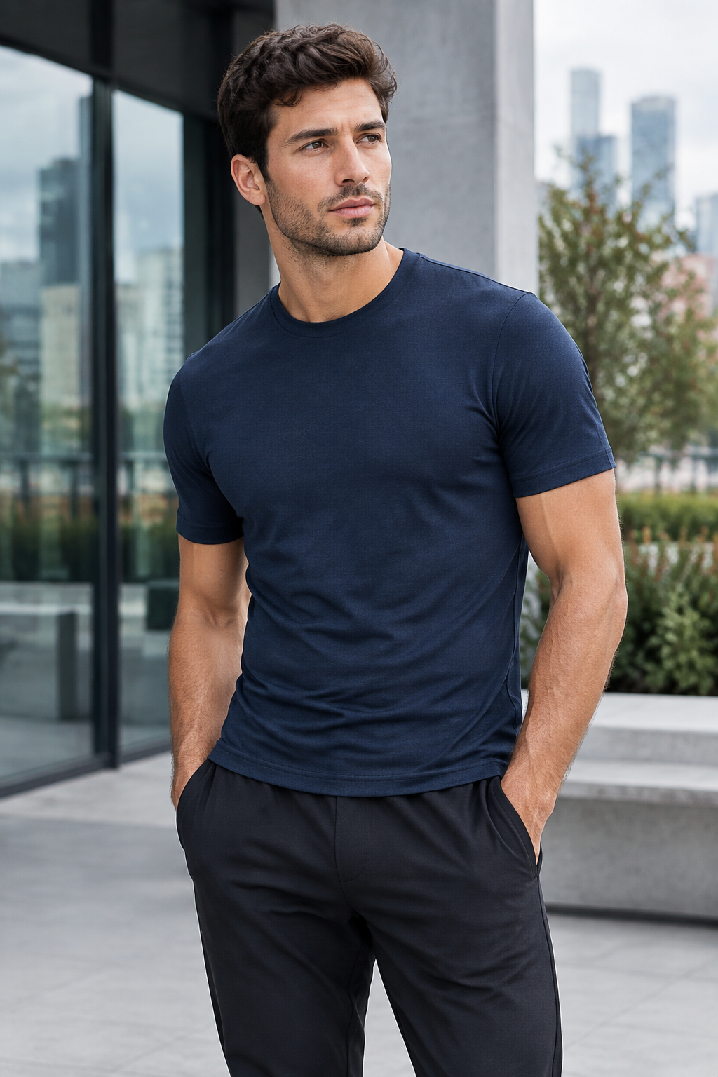 Model wearing The Essential Tee in Navy Blue by 1865 Clothiers