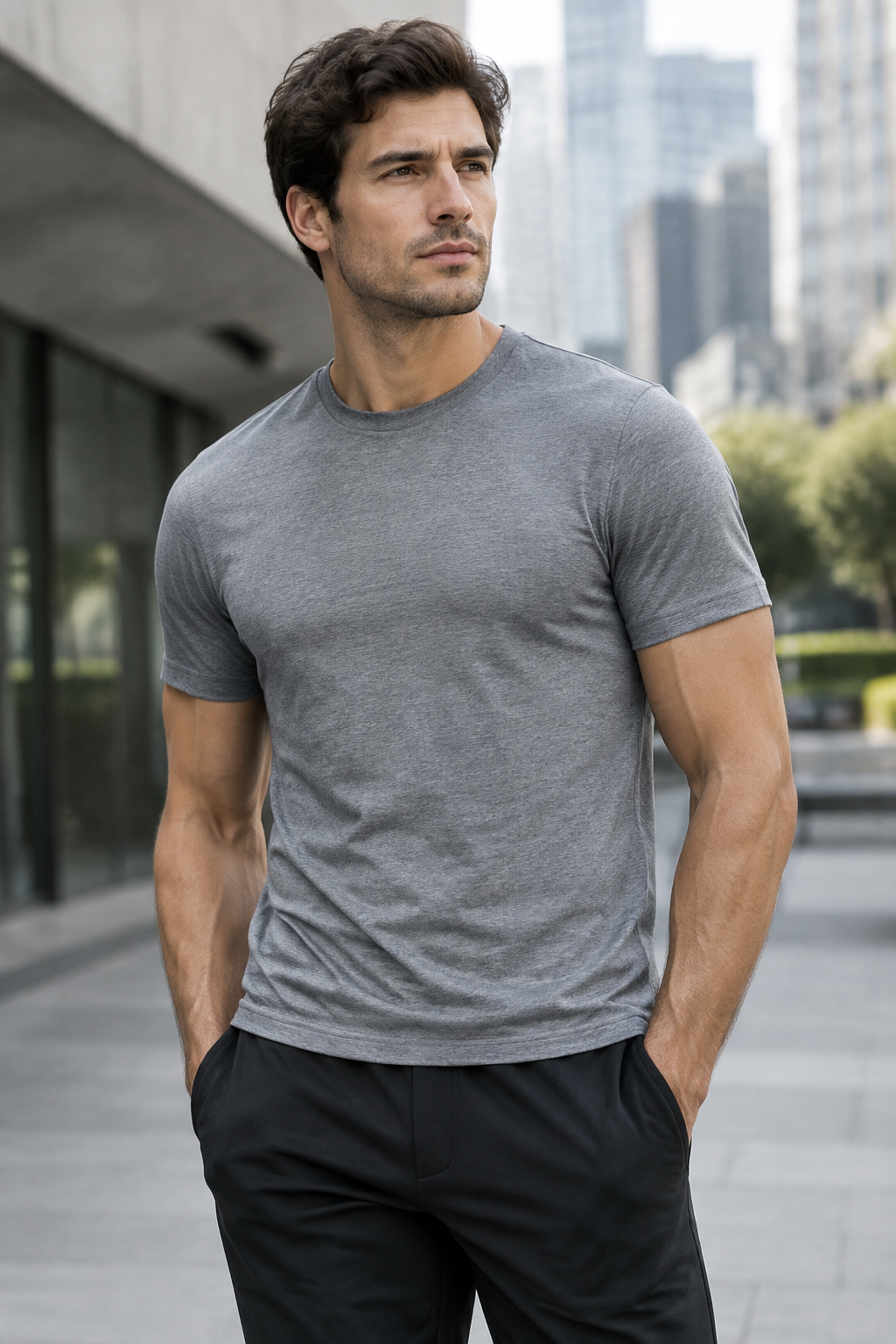 Model wearing The Essential Tee in Grey by 1865 Clothiers