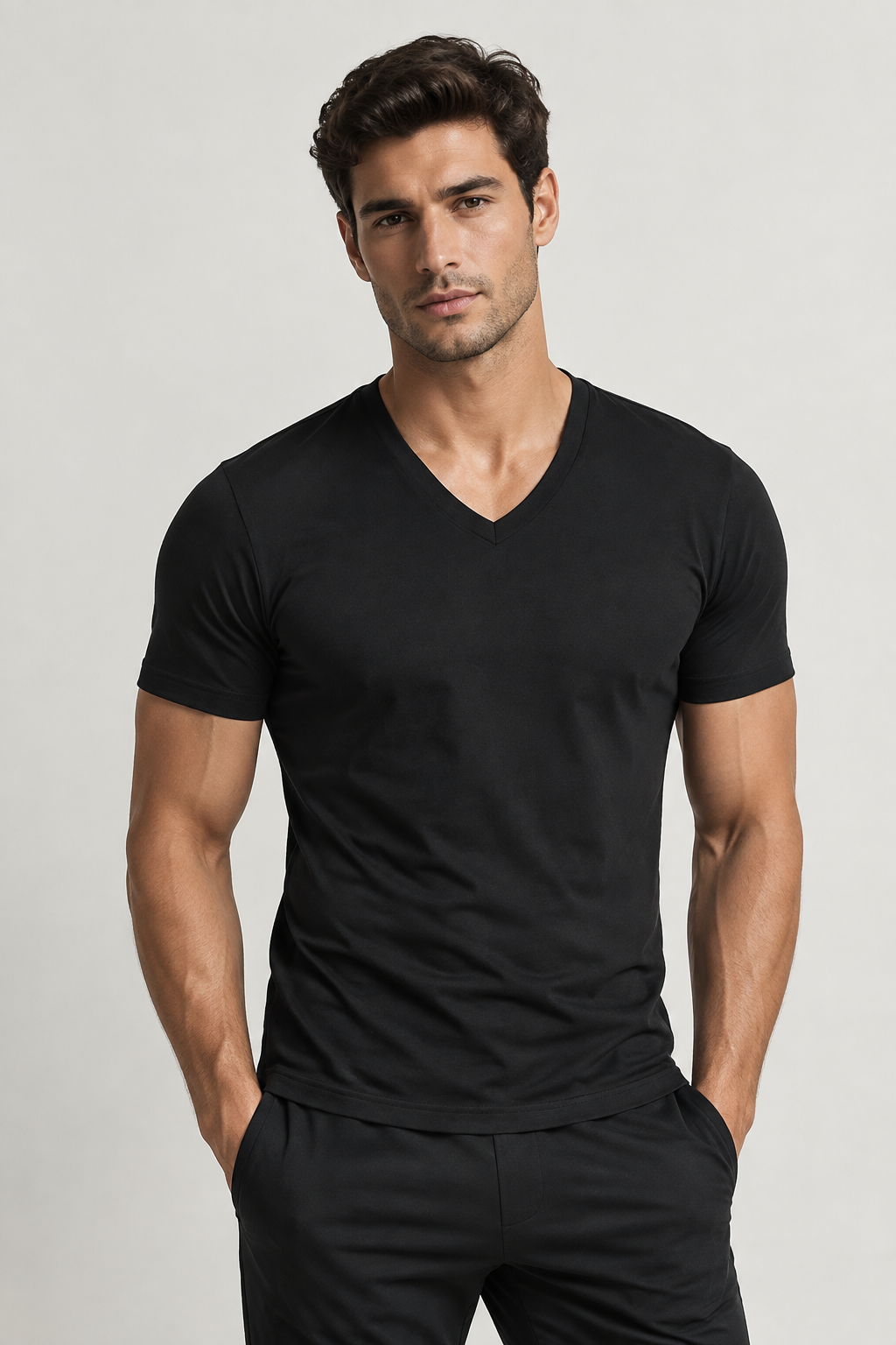 Man wearing The Essential V-Neck black t-shirt by 1865 Clothiers